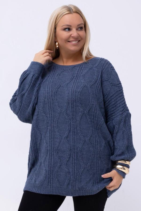 Sweter damski oversize w kolorze denim długi rękaw ozdobny wzór odetta