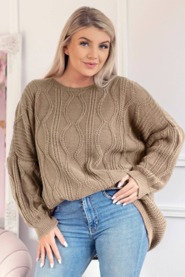 Sweter damski oversize w kolorze fango długi rękaw ozdobny wzór odetta