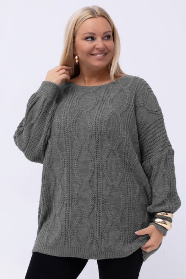 Sweter damski oversize w kolorze grafitowym długi rękaw ozdobny wzór odetta