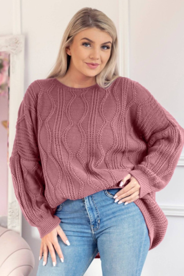 Sweter damski oversize w kolorze indyjskiego różu długi rękaw ozdobny wzór odetta