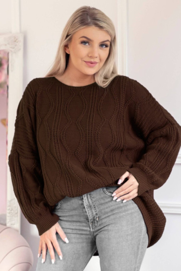 Sweter damski oversize w kolorze czekoladowym długi rękaw ozdobny wzór odetta