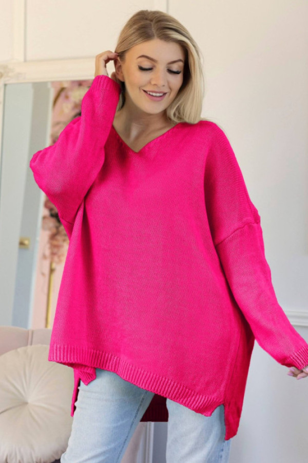 Mega oversize sweter damski w kolorze neon róż dekolt v długi rękaw heila