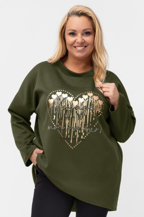 Tunika plus size w kolorze khaki złoty nadruk serduszka dżety voyage