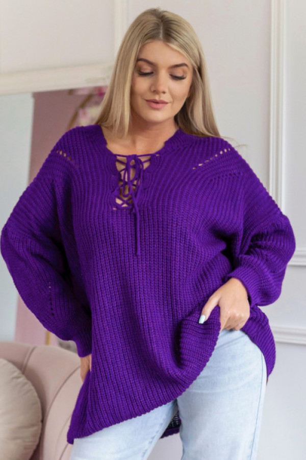 Długi sweter damski oversize w kolorze jagodowym sznurowany dekolt dante