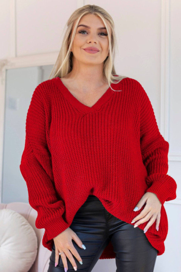 Długi sweter damski oversize w kolorze czerwonym dekolt v leon