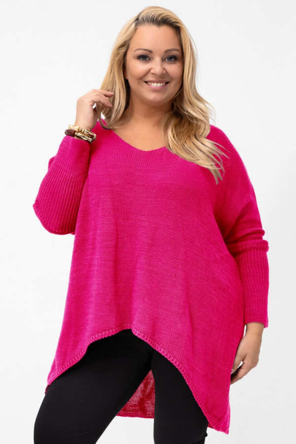 Sweter damski oversize w kolorze neon róż asymetryczne boki dekolt v aries