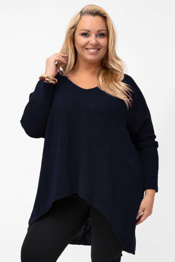 Sweter damski oversize w kolorze czarny granat asymetryczne boki dekolt v aries