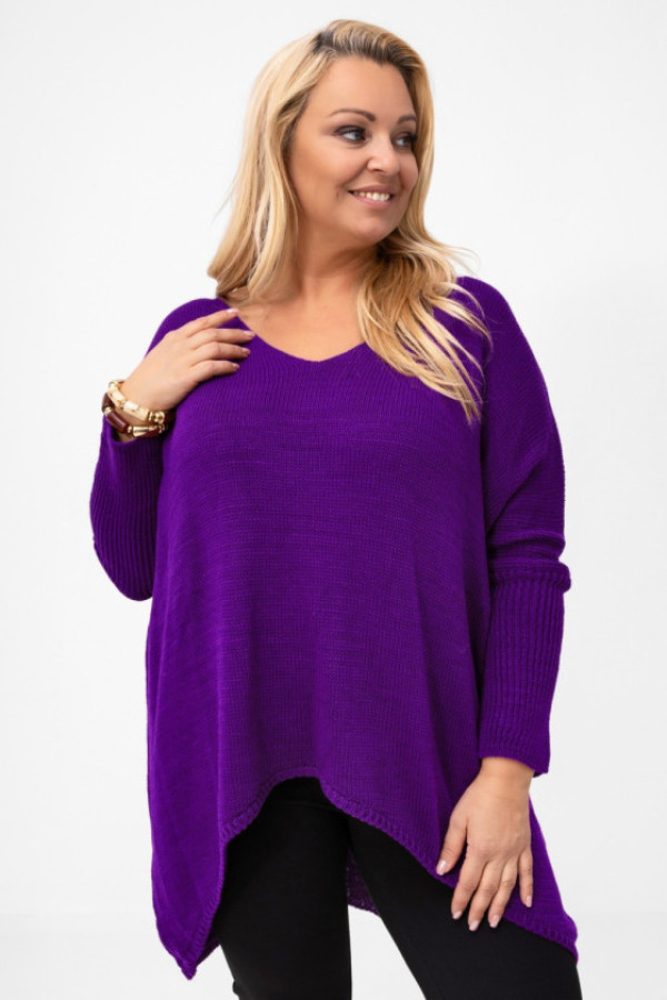 Sweter damski oversize w kolorze jagodowym asymetryczne boki dekolt v aries