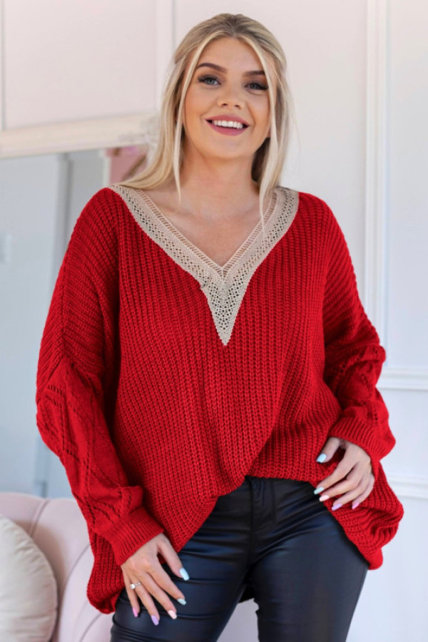 Sweter damski oversize w kolorze czerwonym ozdobne rękawy koronkowy v-dekolt zeph