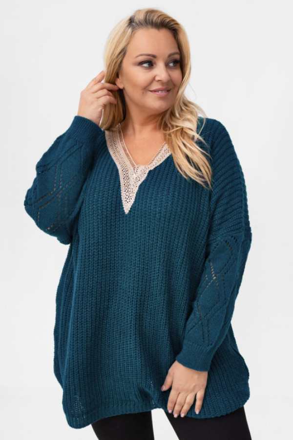 Sweter damski oversize w kolorze morskim ozdobne rękawy koronkowy v-dekolt zeph