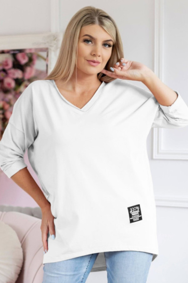Bluzka damska w kolorze białym dekolt w serek v casual naszywka rosella
