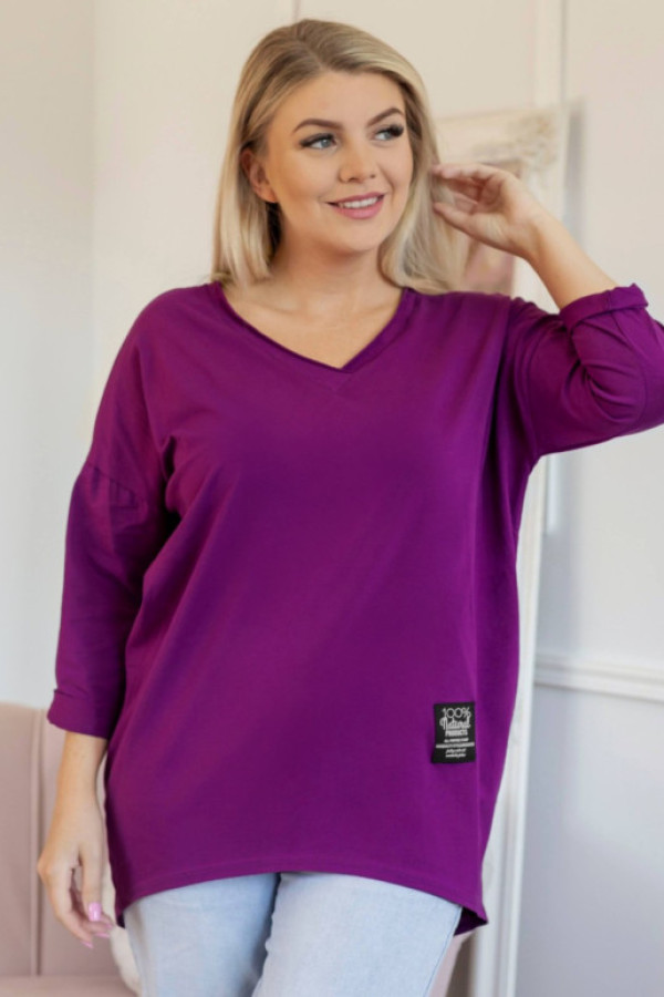 Bluzka damska w kolorze amarantowym dekolt w serek v casual naszywka rosella