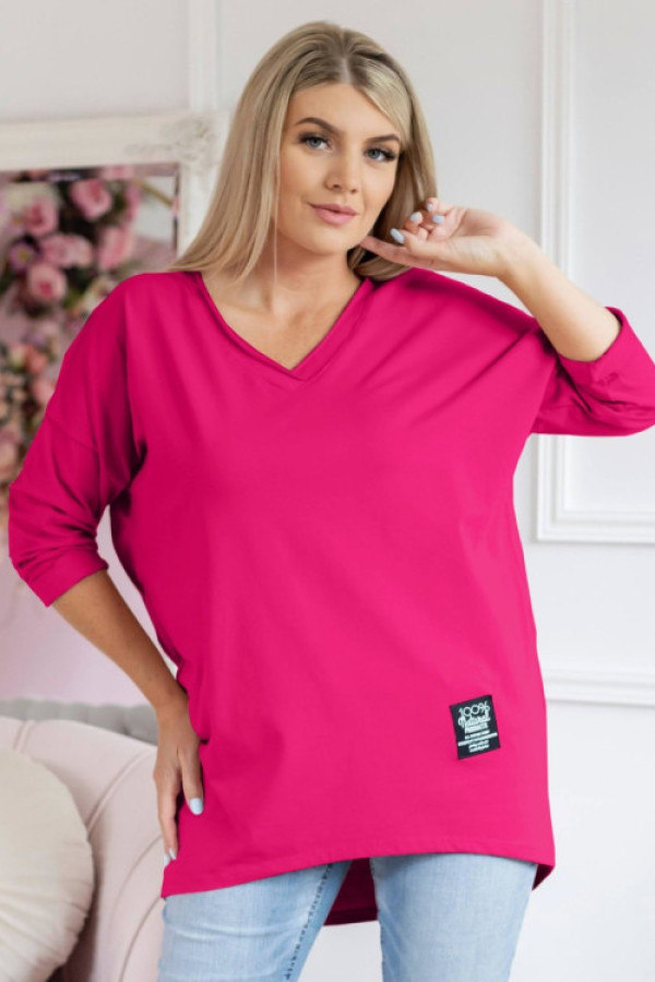 Bluzka damska w kolorze fuksji dekolt w serek v casual naszywka rosella