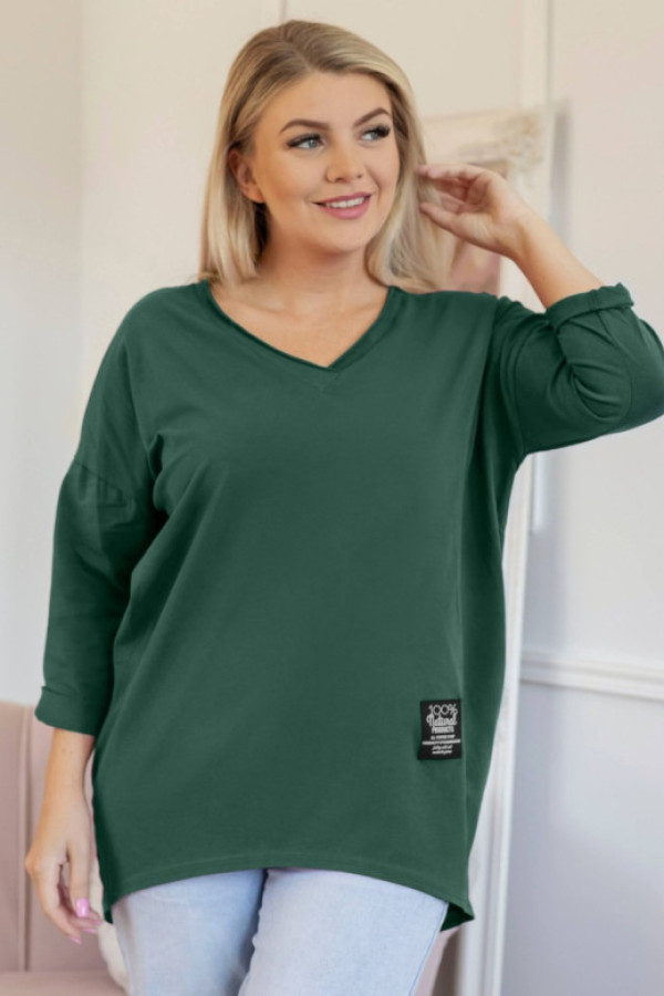 Bluzka damska w kolorze zielonego mchu dekolt w serek v casual naszywka rosella