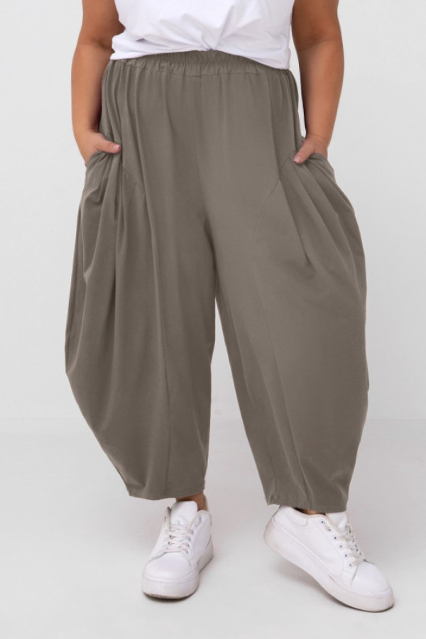 Szerokie spodnie damskie balloon w kolorze fango kieszenie przeszycia tufan