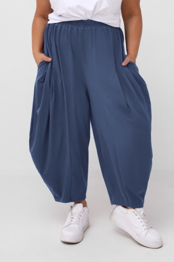 Szerokie spodnie damskie balloon w kolorze denim kieszenie przeszycia tufan