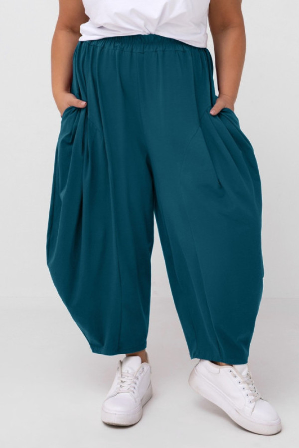 Szerokie spodnie damskie balloon w kolorze morskim kieszenie przeszycia tufan