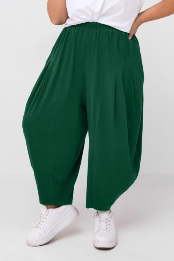 Szerokie spodnie damskie balloon w kolorze butelkowej zieleni kieszenie przeszycia tufan