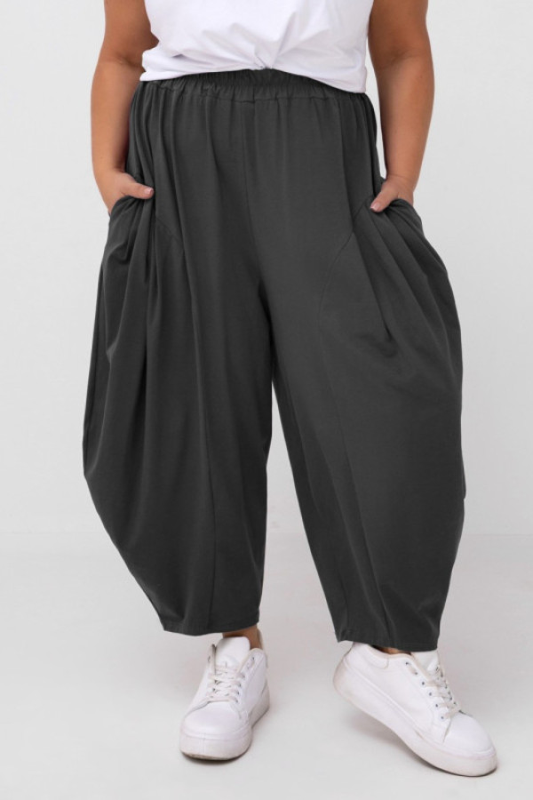 Szerokie spodnie damskie balloon w kolorze grafitowym kieszenie przeszycia tufan
