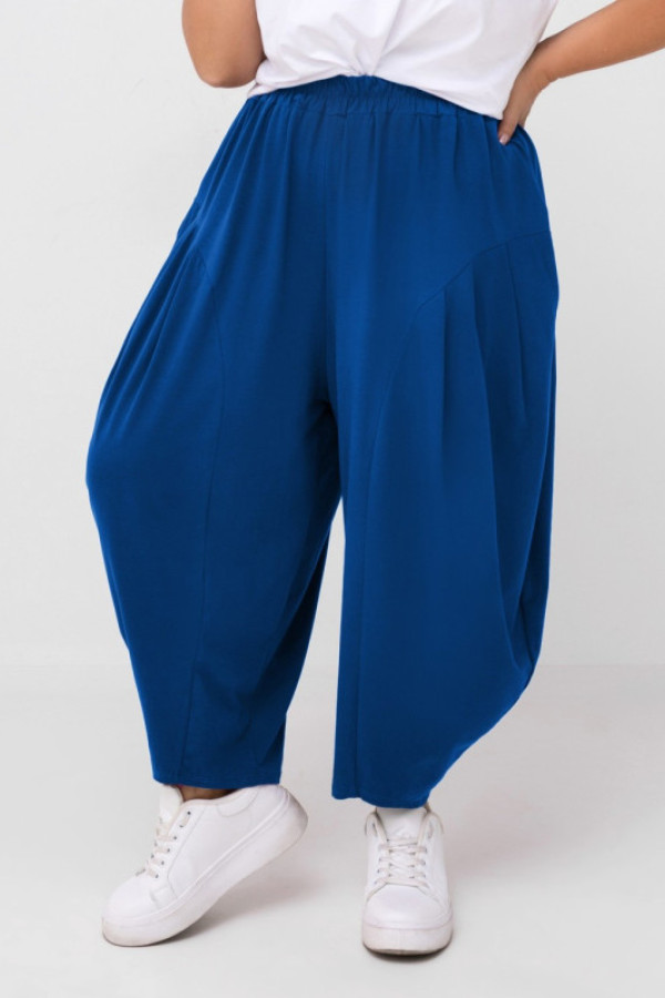 Szerokie spodnie damskie balloon w kolorze kobaltowym kieszenie przeszycia tufan
