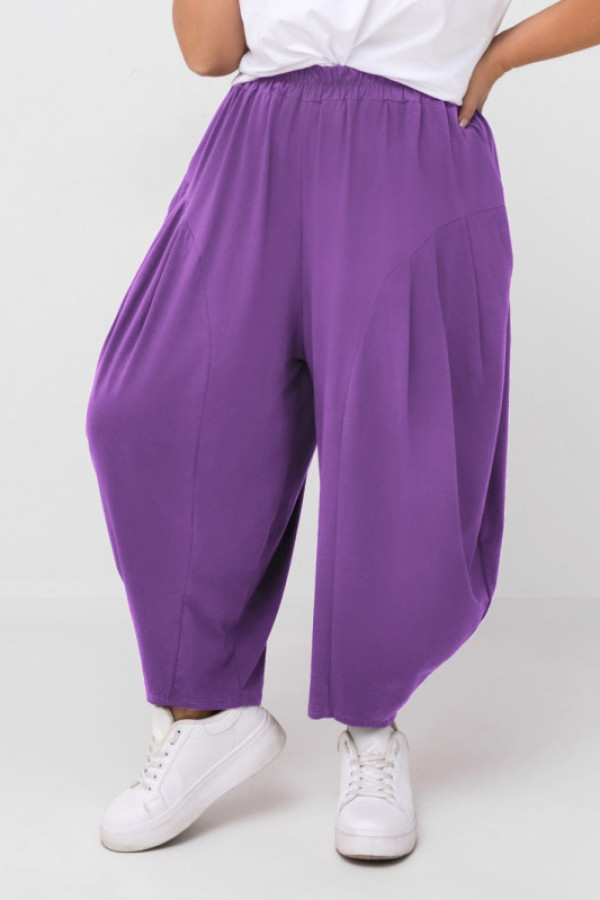 Szerokie spodnie damskie balloon w kolorze fioletowym kieszenie przeszycia tufan