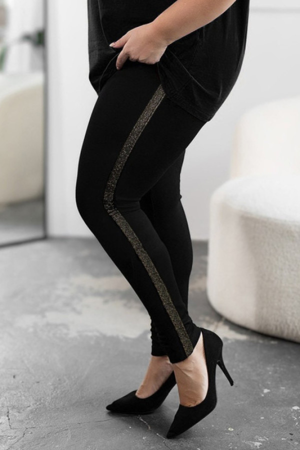 Legginsy plus size lekko ocieplane spodnie w kolorze czarnym wysoki stan złoty lampas sakura
