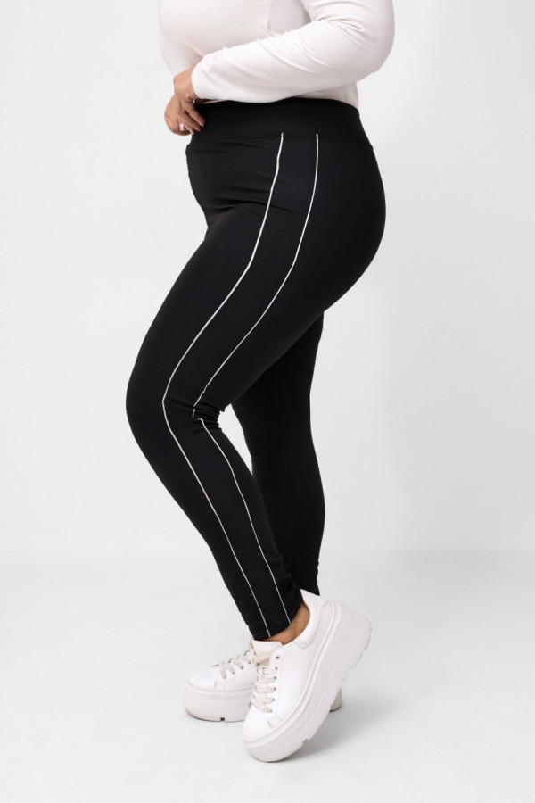 Legginsy plus size lekko ocieplane spodnie w kolorze czarnym wysoki stan dwa prążki sakura