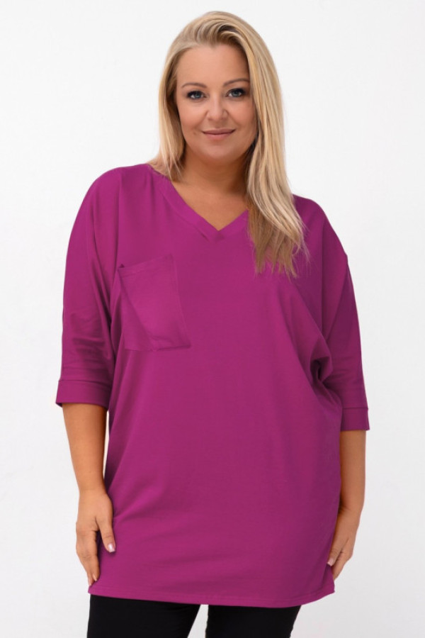 Luźna tunika damska w kolorze magenta rękaw 3/4 dekolt v kieszeń keira