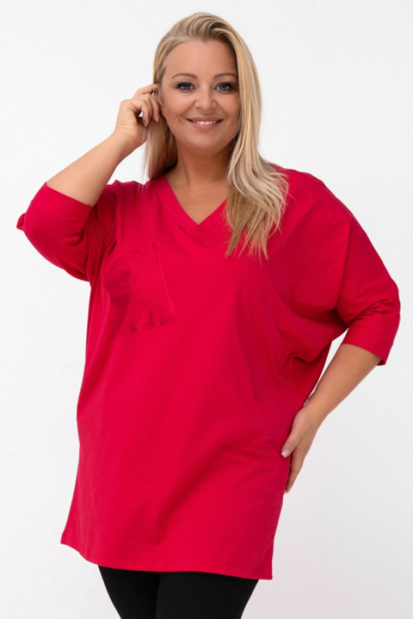 Luźna tunika damska w kolorze czerwonym rękaw 3/4 dekolt v kieszeń keira