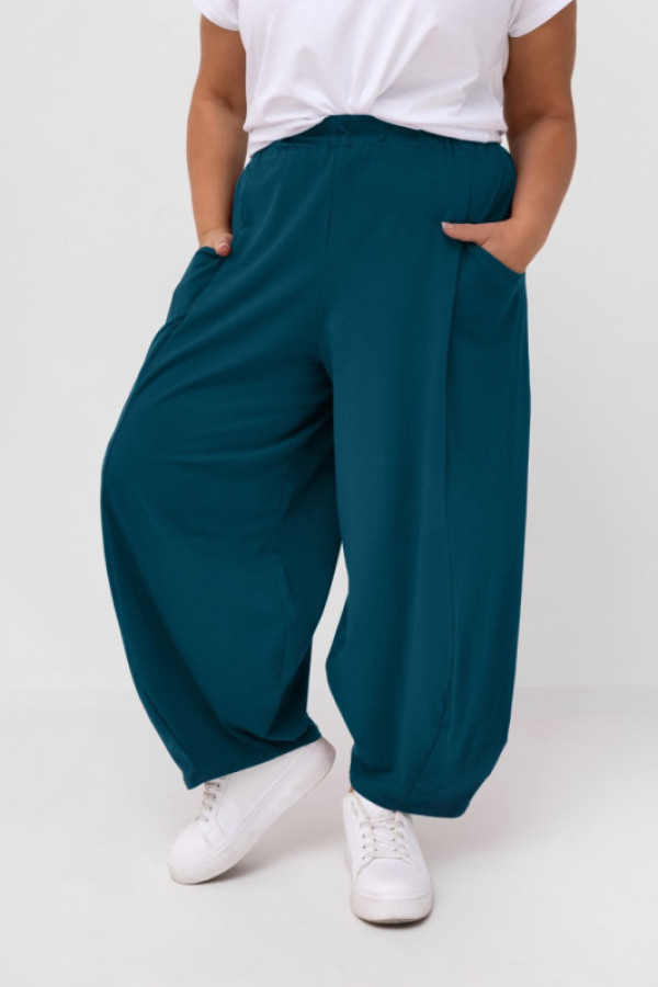 Szerokie spodnie damskie balloon w kolorze morskim kieszenie padro