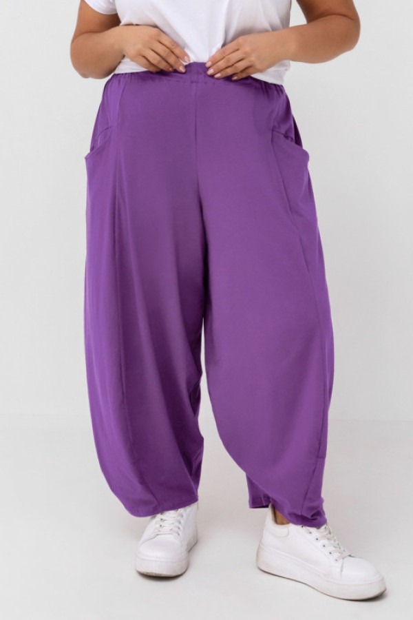 Szerokie spodnie damskie balloon w kolorze fioletowym kieszenie padro