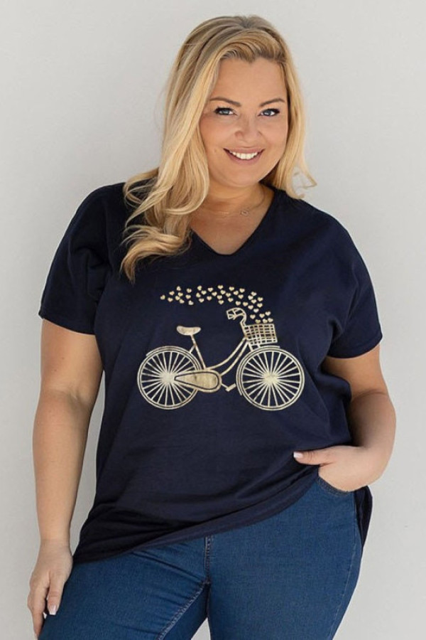 T-shirt damski plus size w kolorze granatowym dekolt w serek złoty rower lupe