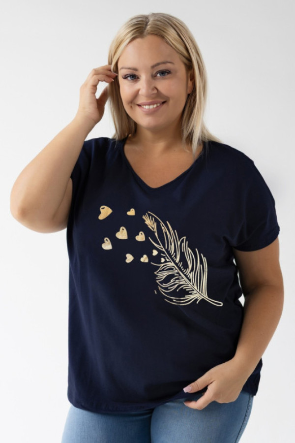 T-shirt damski plus size w kolorze granatowym dekolt w serek złote pióro evee