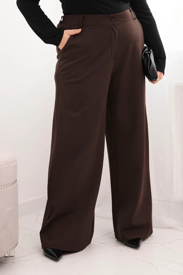 Szerokie spodnie damskie w kolorze czekoladowym elastyczny pas kieszenie dota