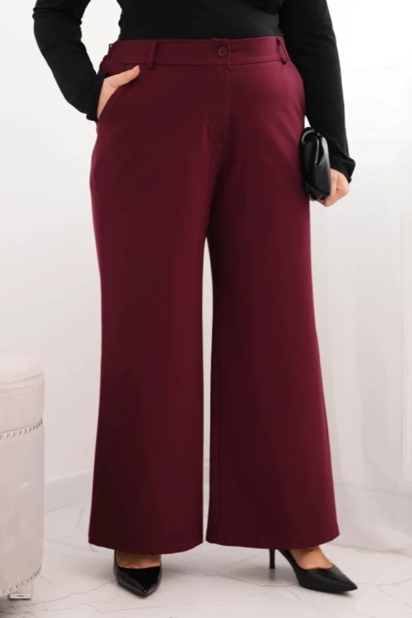 Szerokie spodnie damskie w kolorze burgundowym elastyczny pas kieszenie dota