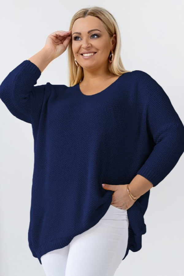 Mega oversize sweter damski w kolorze granatowym dekolt v wzór ryżyk luis