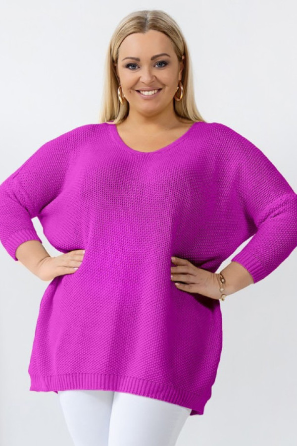 Mega oversize sweter damski w kolorze magenty dekolt v wzór ryżyk luis