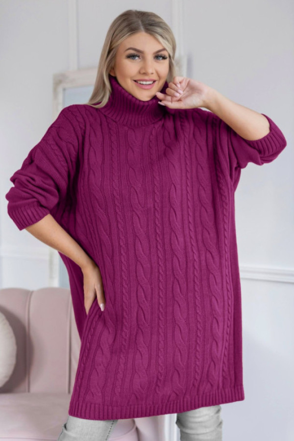 Długi sweter sukienka w kolorze amarantowym z golfem karmen