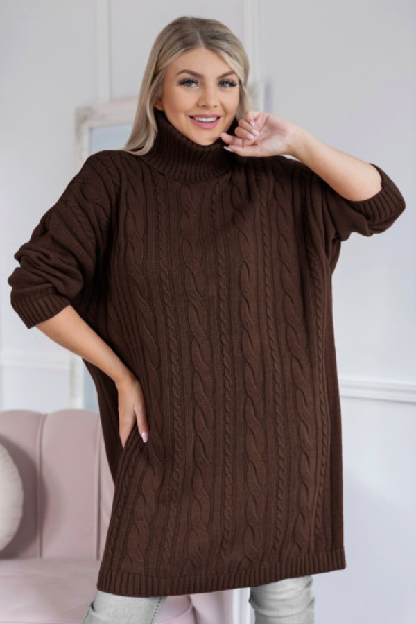 Długi sweter sukienka w kolorze czekoladowym z golfem karmen