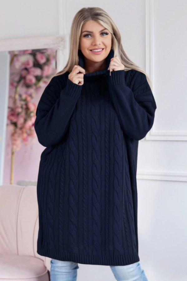 Długi sweter sukienka w kolorze granatowym z golfem karmen