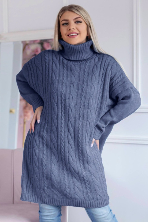 Długi sweter sukienka w kolorze denim z golfem karmen