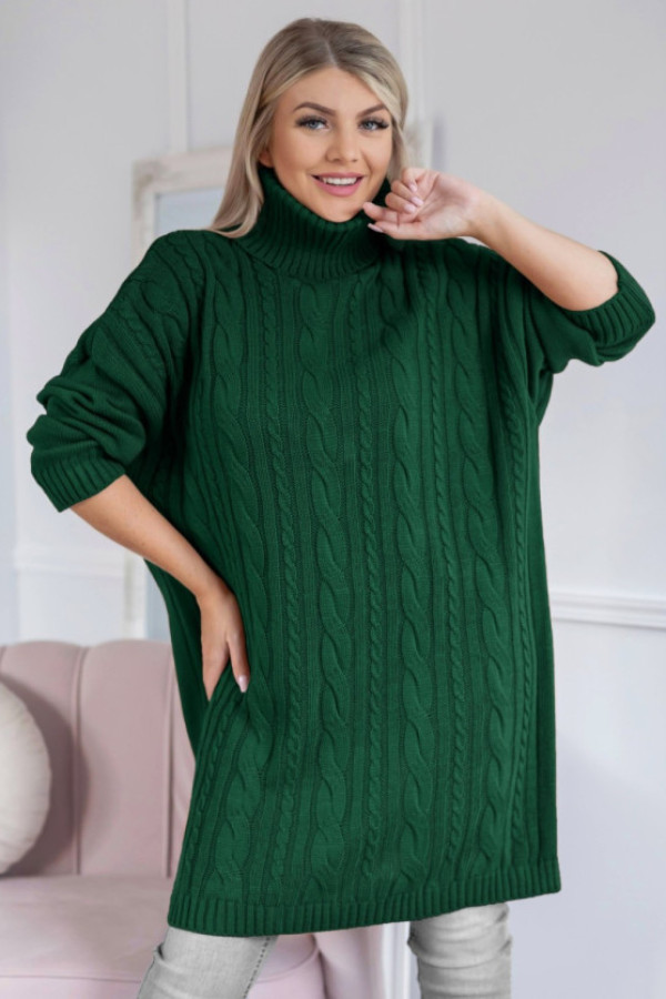 Długi sweter sukienka w kolorze butelkowej zieleni z golfem karmen