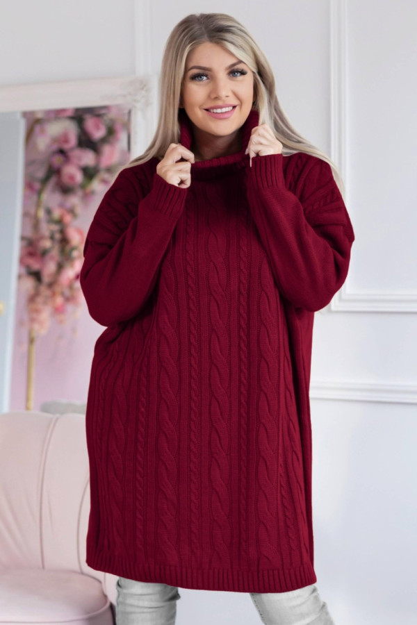 Długi sweter sukienka w kolorze burgundowym z golfem karmen
