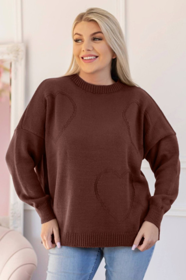 Sweter damski w kolorze czekoladowym okrągły dekolt wytłoczone serca diana