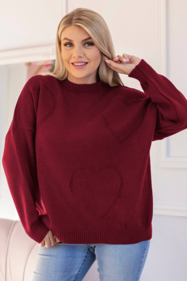 Sweter damski w kolorze burgundowym okrągły dekolt wytłoczone serca diana