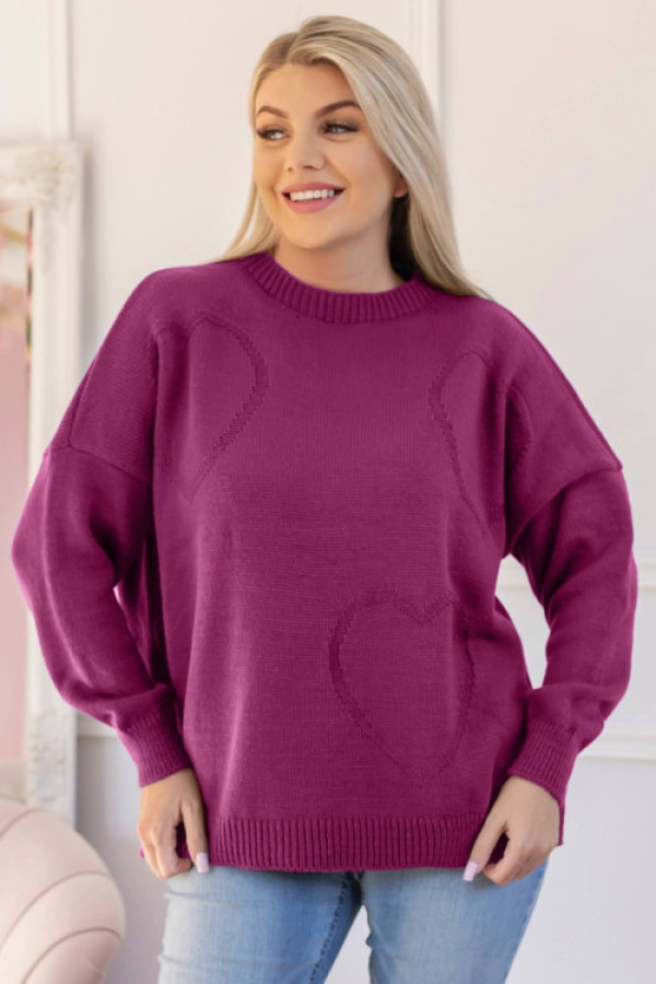 Sweter damski w kolorze amarantowym okrągły dekolt wytłoczone serca diana
