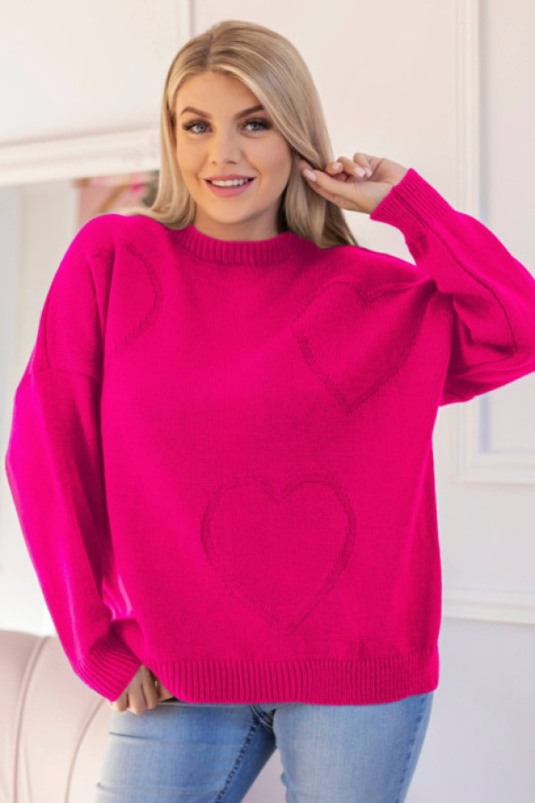 Sweter damski w kolorze neon róż okrągły dekolt wytłoczone serca diana