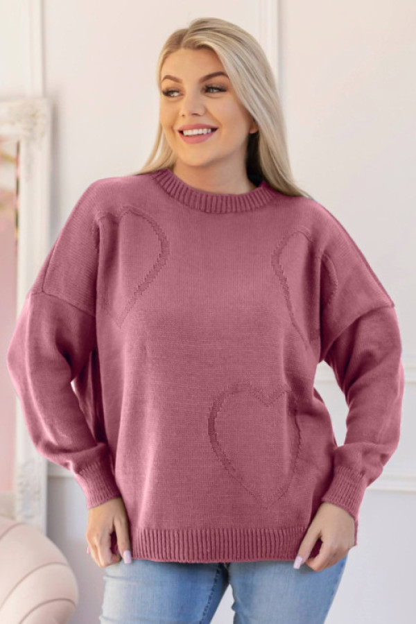 Sweter damski w kolorze indyjskiego różu okrągły dekolt wytłoczone serca diana