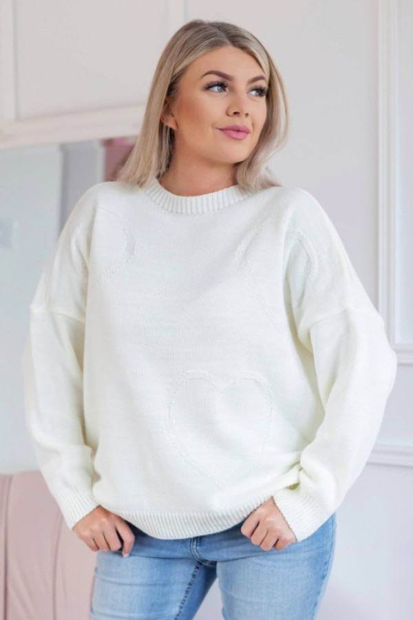 Sweter damski w kolorze ecru okrągły dekolt wytłoczone serca diana