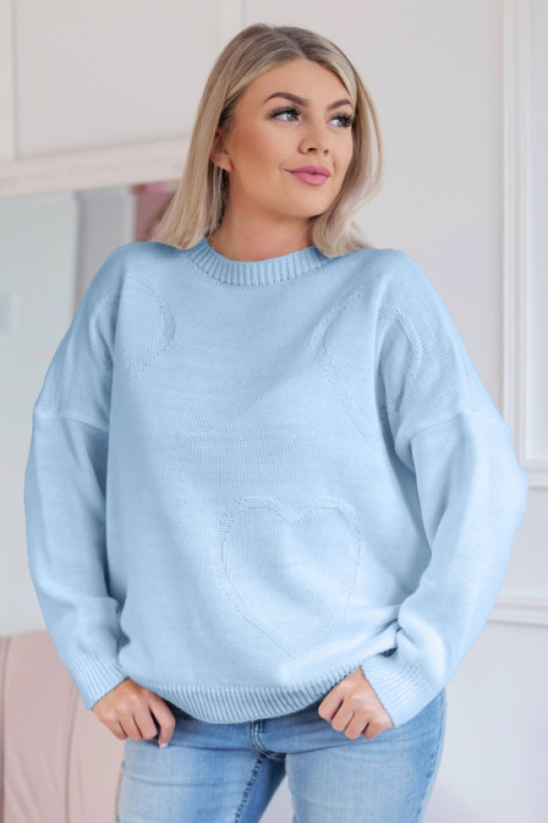 Sweter damski w kolorze błękitnym okrągły dekolt wytłoczone serca diana